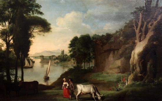 After Claude Lorrain (1600-1682) Classical landscape, 18 x 28.5in.